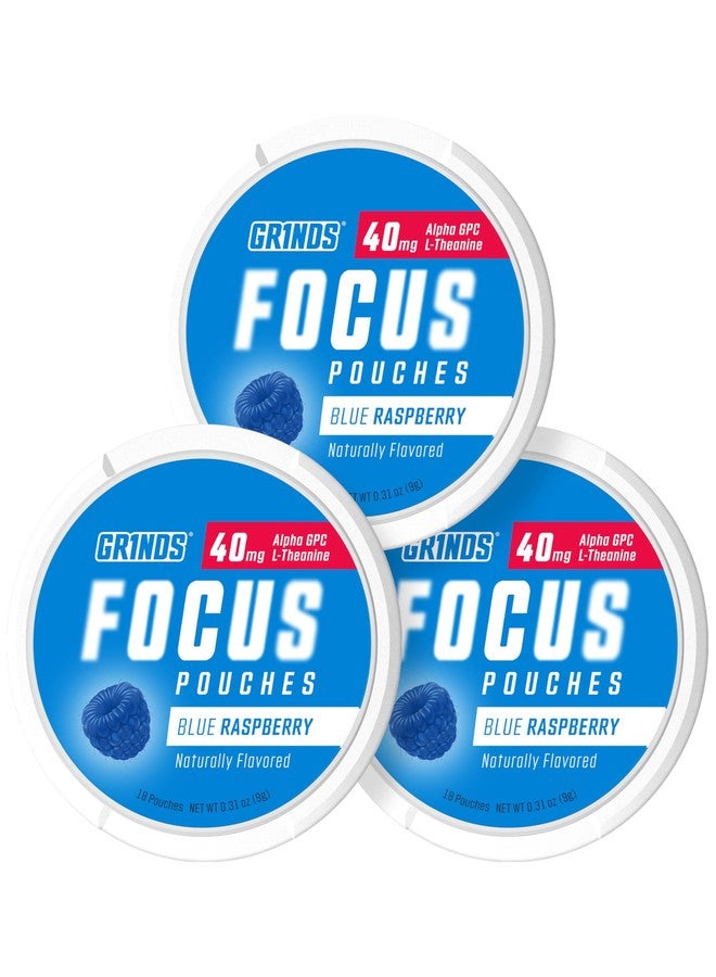 GRINDS Focus Pouches - Naturally Flavored with Nootropic Ingredients - Contains Alpha GPC and L-Theanine - Nicotine-Free, Sugar-Free - 3 Pack, 18 Pouches Per Can - Blue Raspberry - Image 1